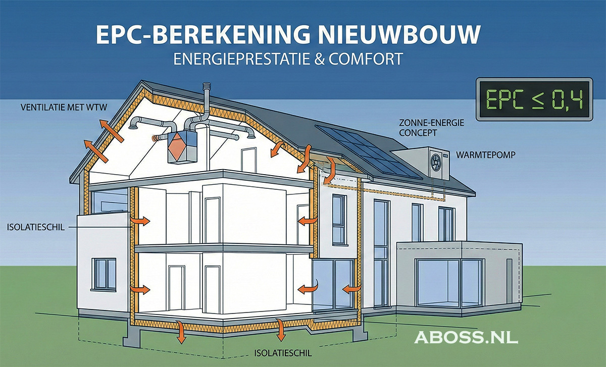 Schematische doorsnede nieuwbouw met isolatieschil, ventilatie en energieconcept