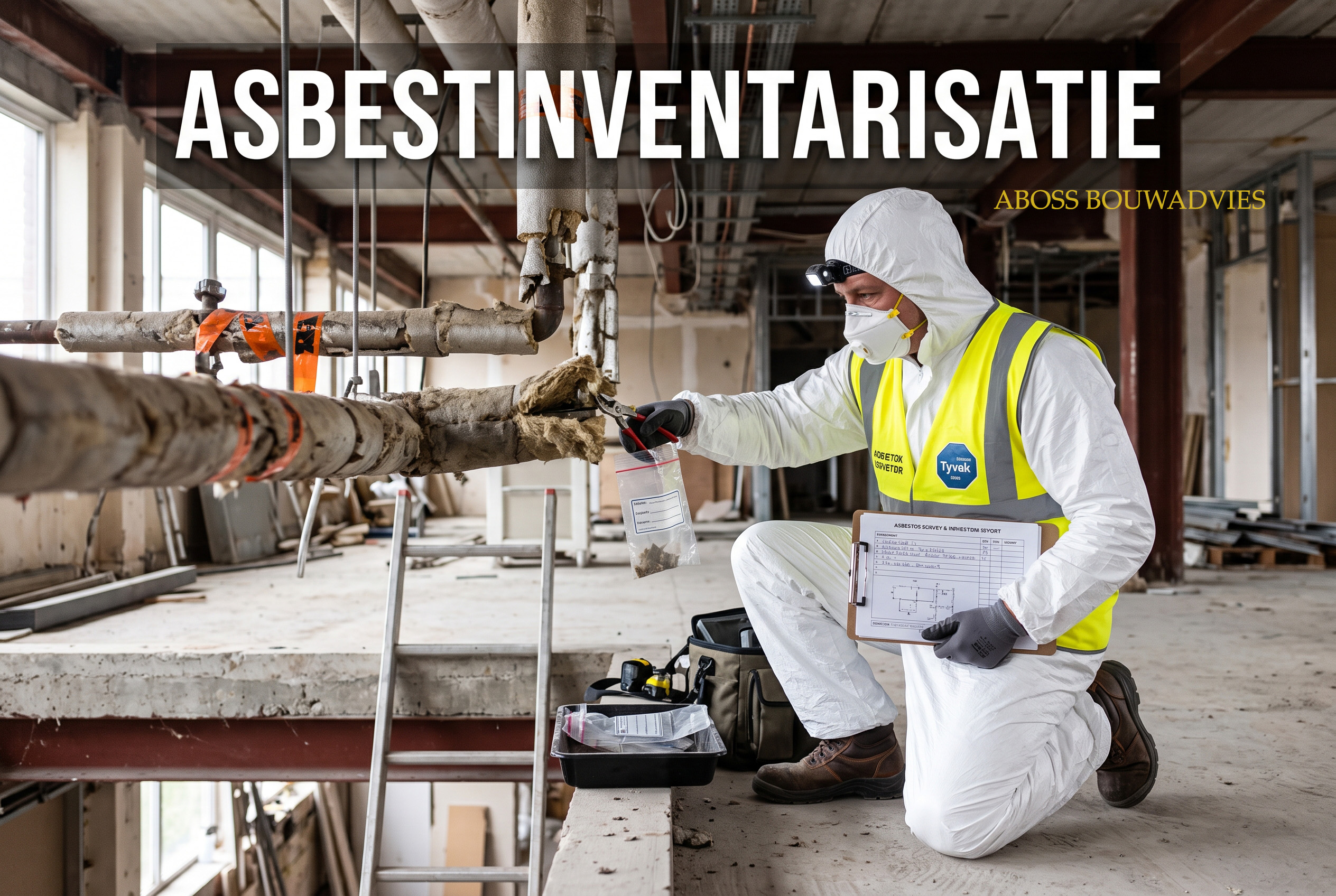 Illustration of asbestos inspection around insulated pipes; Dutch heading: Asbestinventarisatie